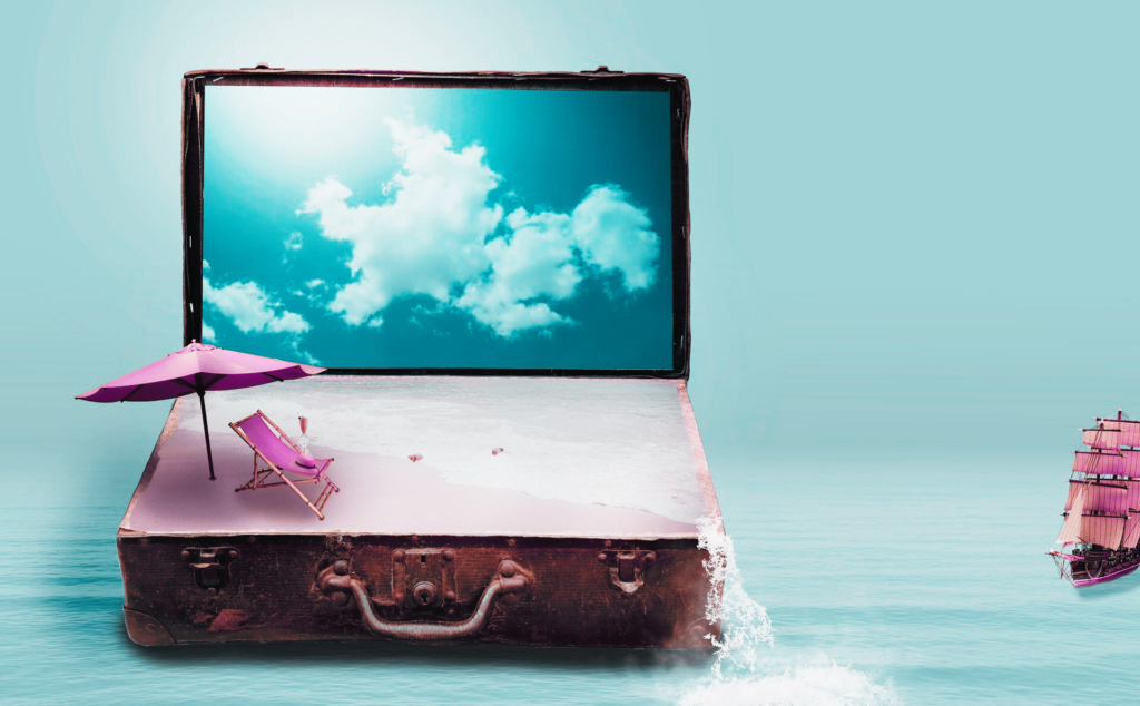 Un ordinateur portable est transformé en valise avec du sable et un parasol à la place du clavier. Il est sur un fond de mer avec un navire à côté. Le droit à la déconnexion: en vacances , il est essentiel de déconnecter du travail